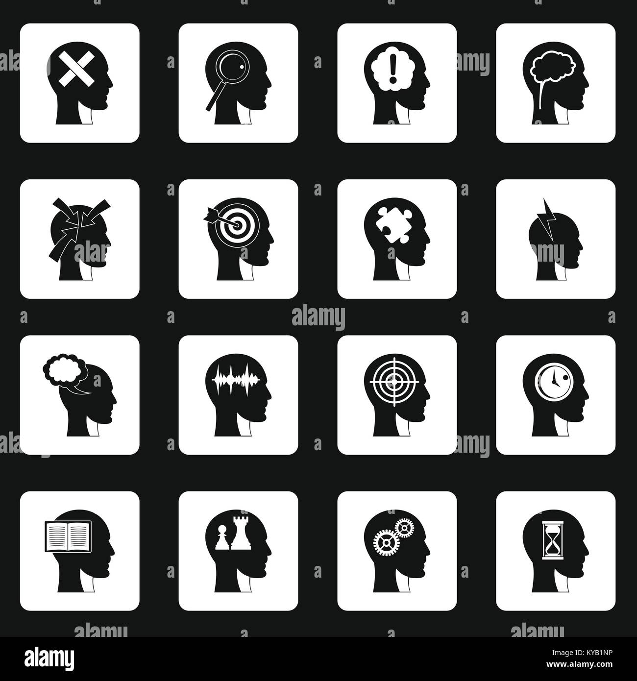 Head logos icons set in white squares on black background simple style