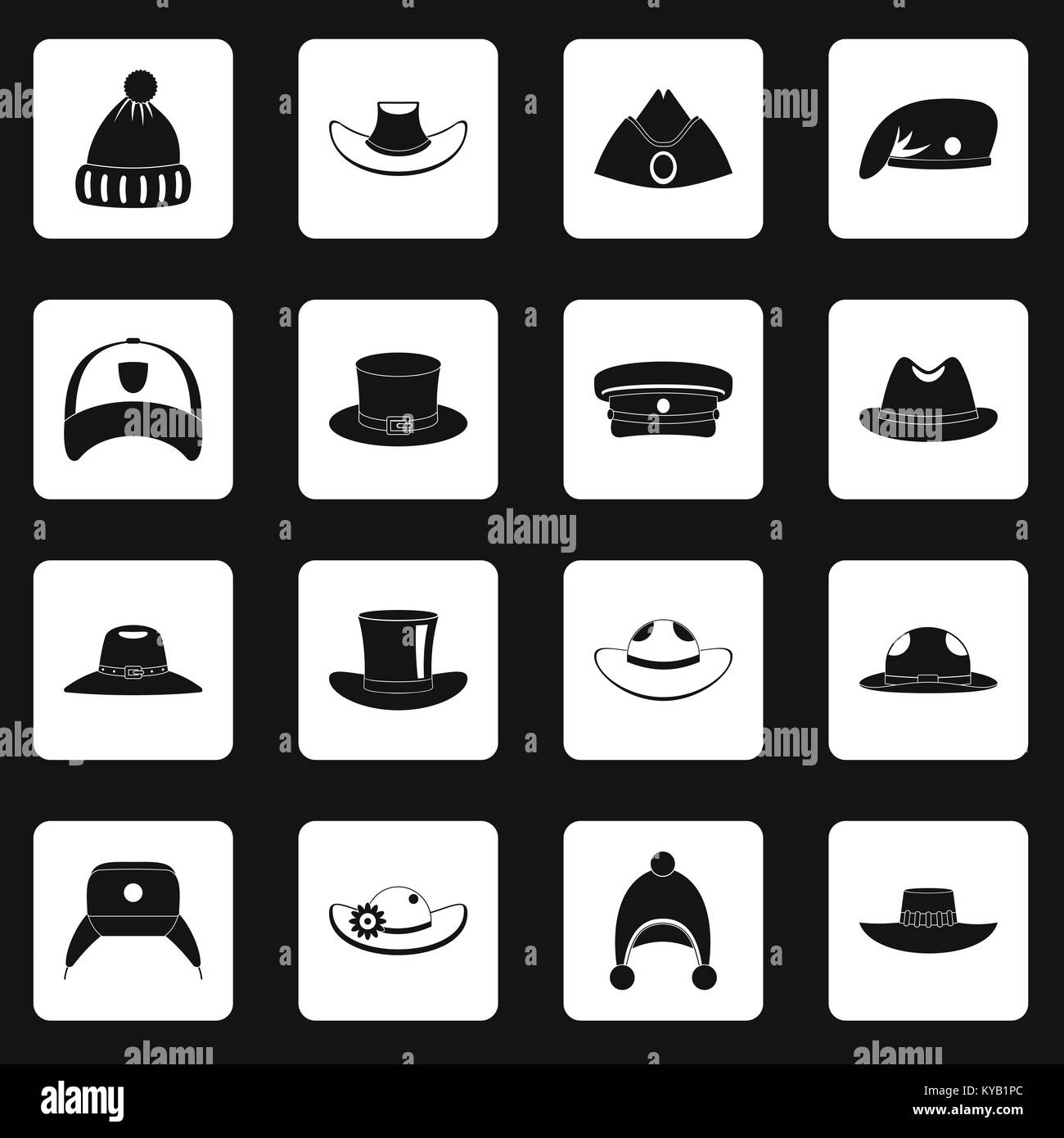 Headdress hat icons set in white squares on black background simple