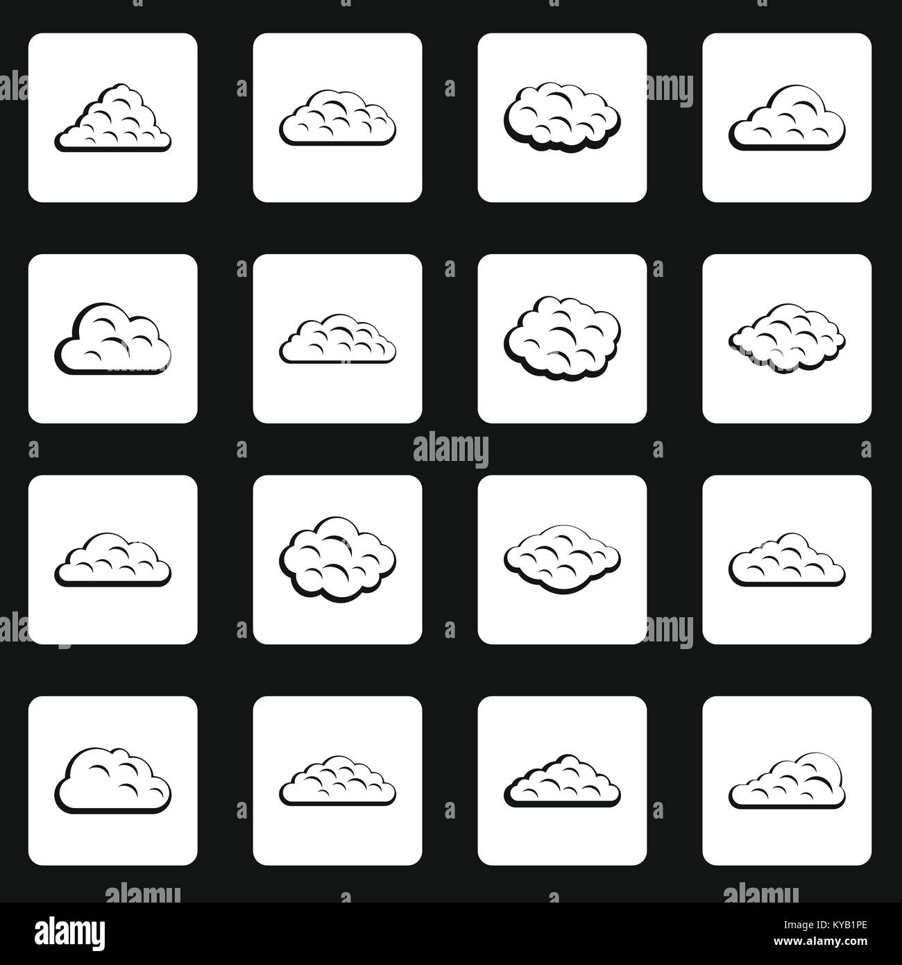 Clouds icons set in white squares on black background simple style ...