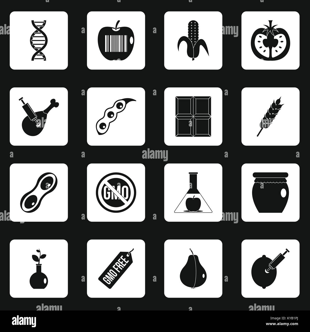 GMO icons set in white squares on black background simple style vector ...