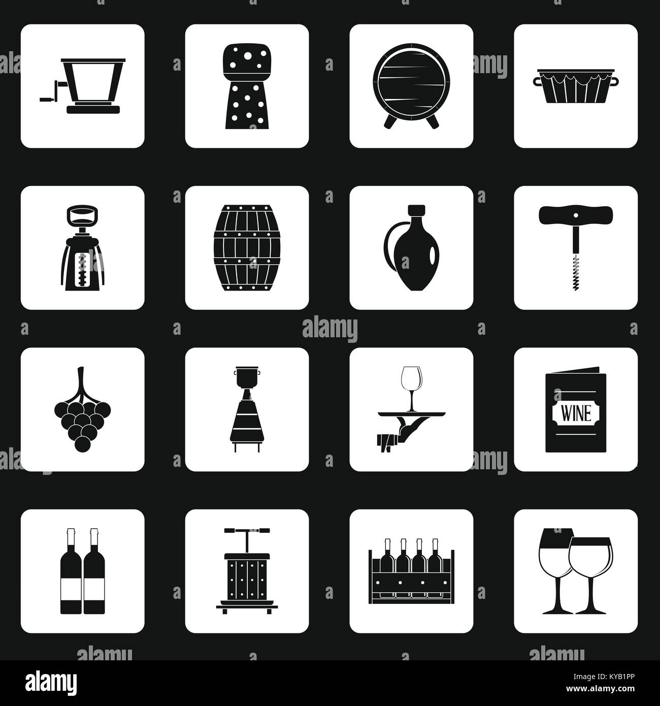 Wine icons set in white squares on black background simple style vector ...