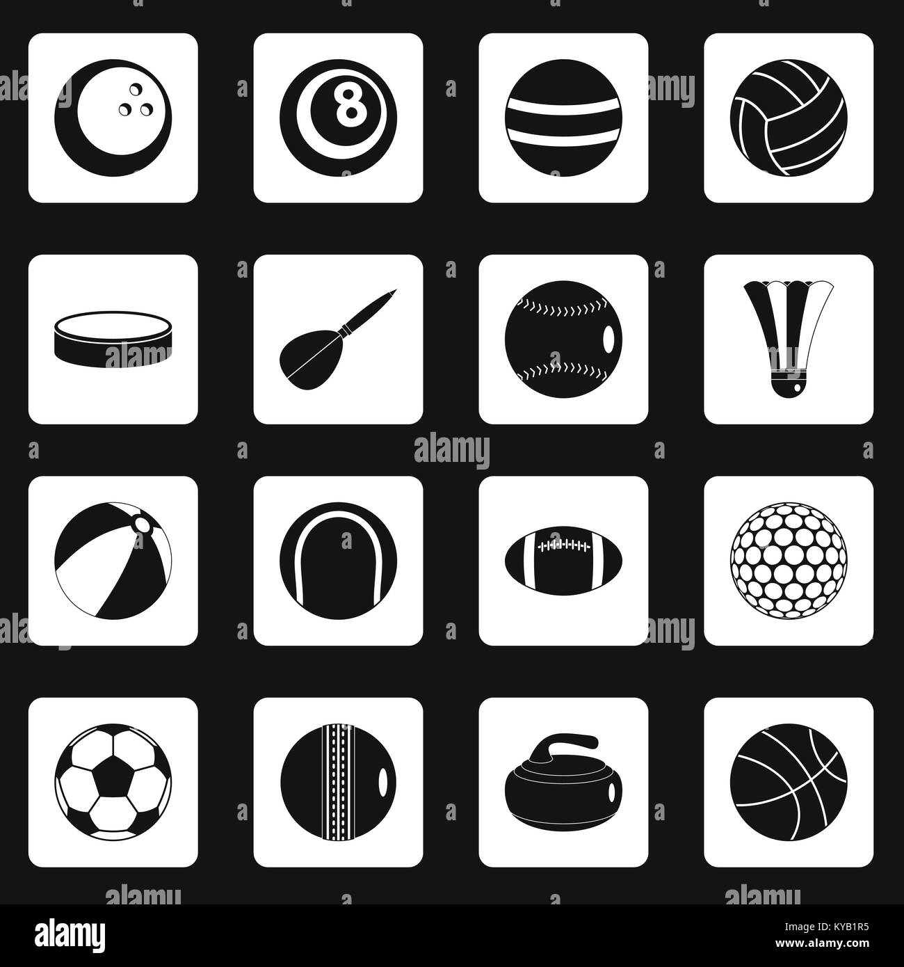 Sport balls icons set in white squares on black background simple style ...