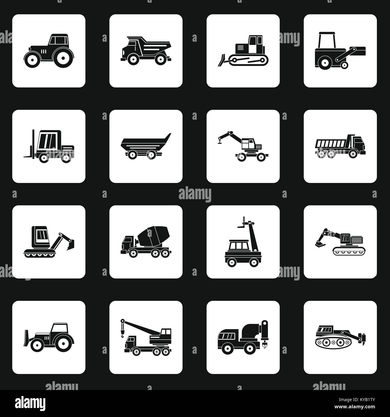 Building vehicles icons set in white squares on black background simple style vector illustration Stock Vector