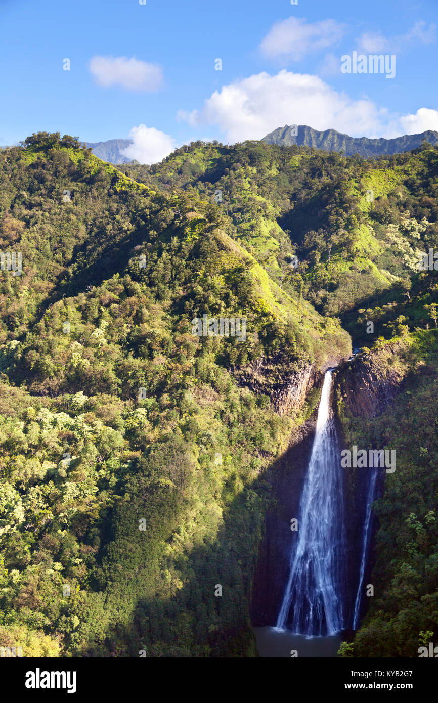 The famous Manawaiopuna Falls in Kauai, Hawaii. The waterfall is only reachable by helicopter since it is on private property and it was featured in t Stock Photo