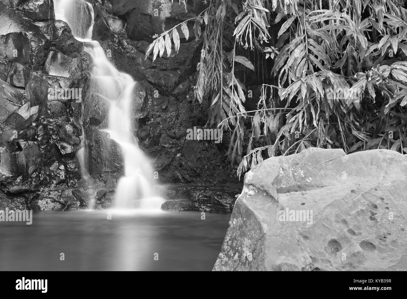Long exposure shot of a little waterfall in Waimea Canyon in Kauai, Hawaii. Black and white version. Stock Photo