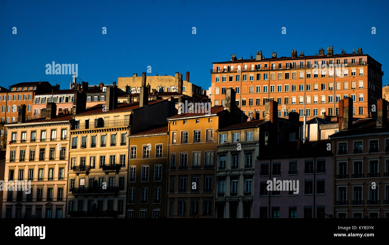 A view over to the apartment blocks of the old Silk district in old Lyon, France Stock Photo