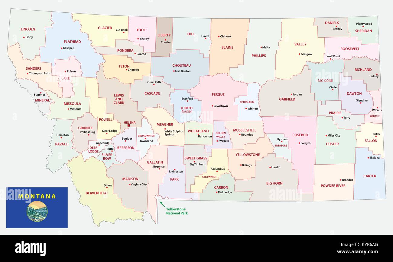 montana administrative and political vector map with flag Stock Vector