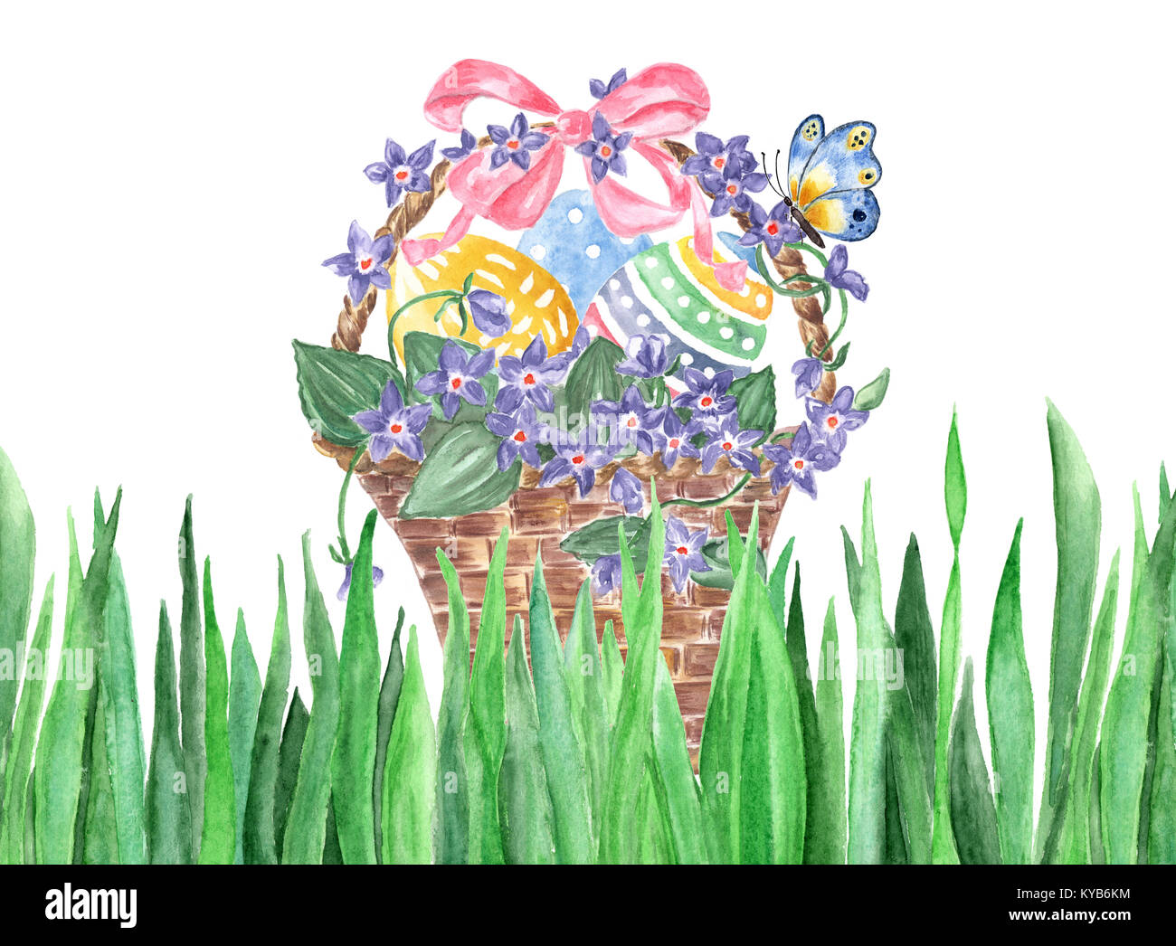 Wicker basket with Easter eggs and violets. Watercolor hand drawn ...