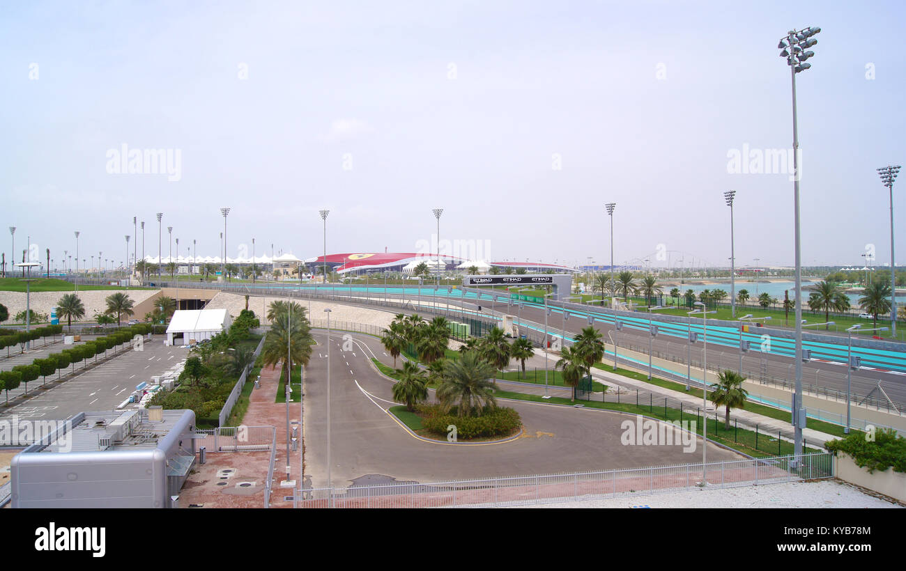 ABU DHABI, UNITED ARAB EMIRATES - APRIL 4th, 2014: The Yas Marina Formula 1 Grand Prix Circuit. Set amongst a Marina, with an innovative design. The circuit is designed by Hermann Tilke Stock Photo