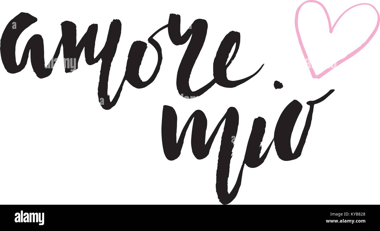 Amore mio. Valentines day calligraphy glitter card. Hand drawn design elements. Handwritten