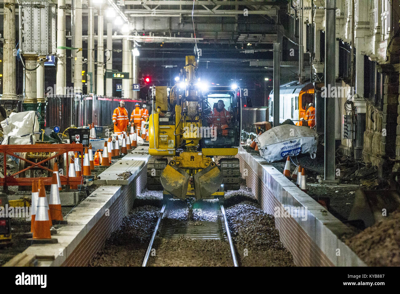 Rail Construction workers working night shift Stock Photo Alamy