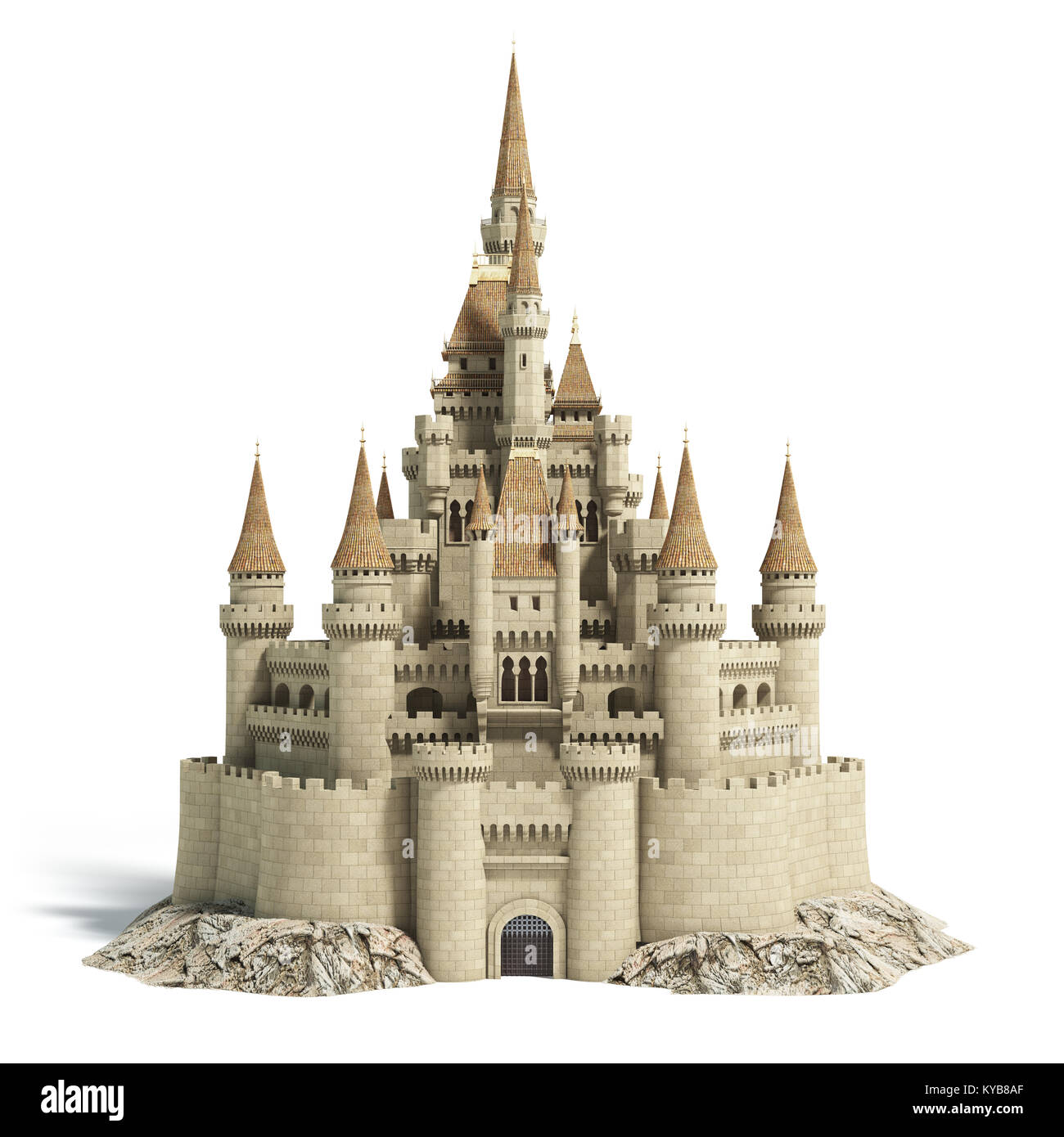 Old fairytale castle on the hill isolated on white. 3d illustration. Stock Photo