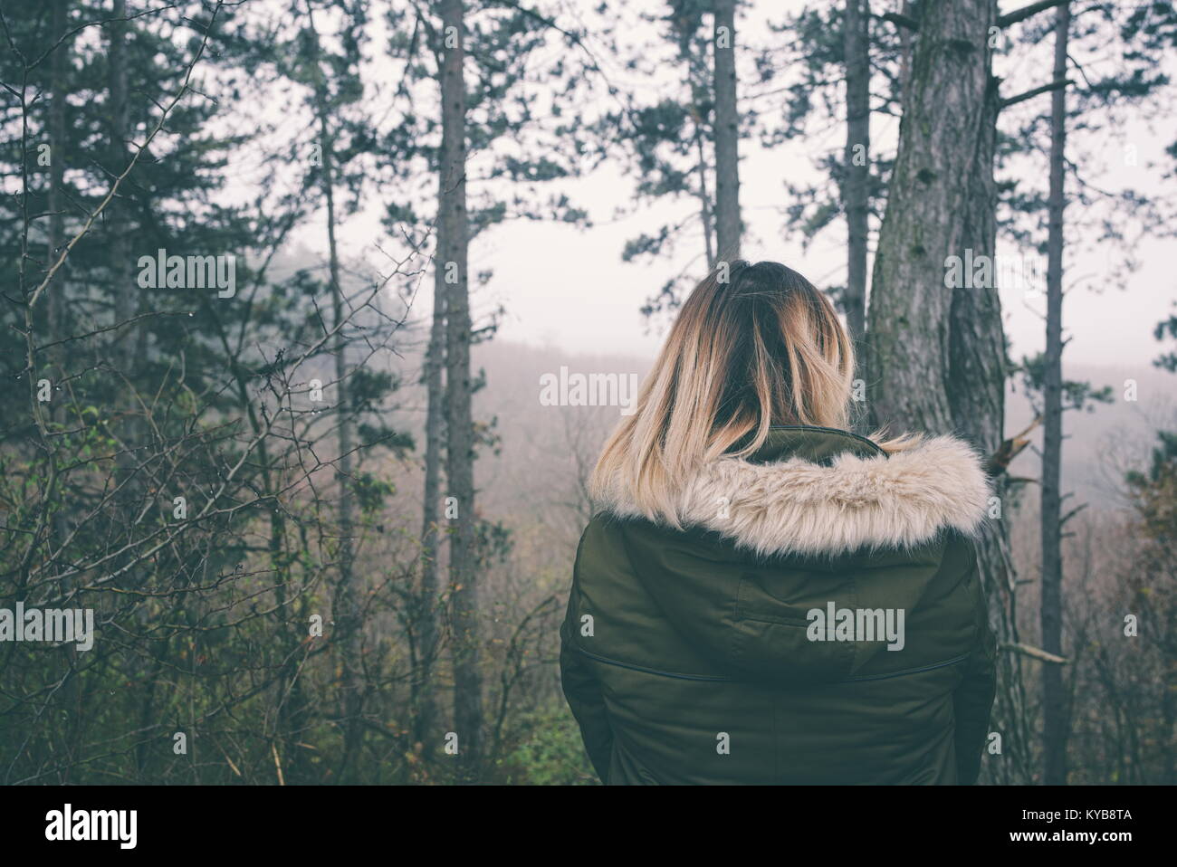 Young Woman in the Wild Winter Forest Back View Stock Photo