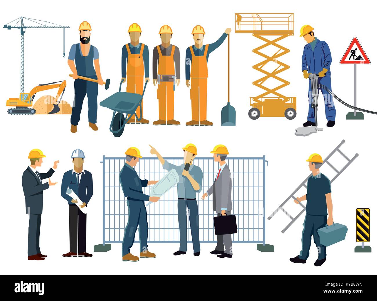 Construction site with craftsmen and architects Stock Vector