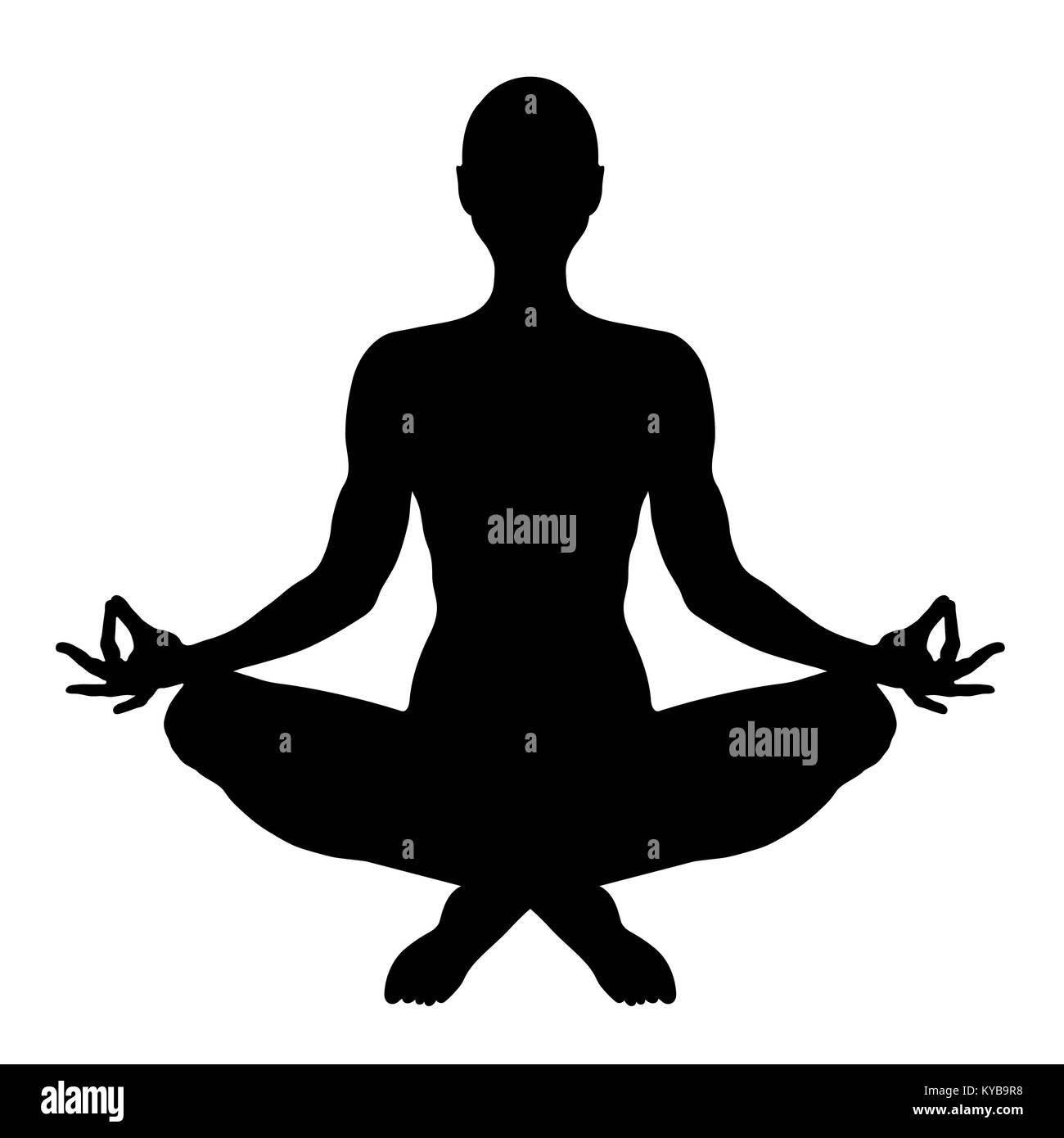 Yoga, figure of a man sitting in a lotus pose, vector silhouette. Meditation relaxation human, outline portrait, black and white contour drawing. Isolated on white background Stock Vector