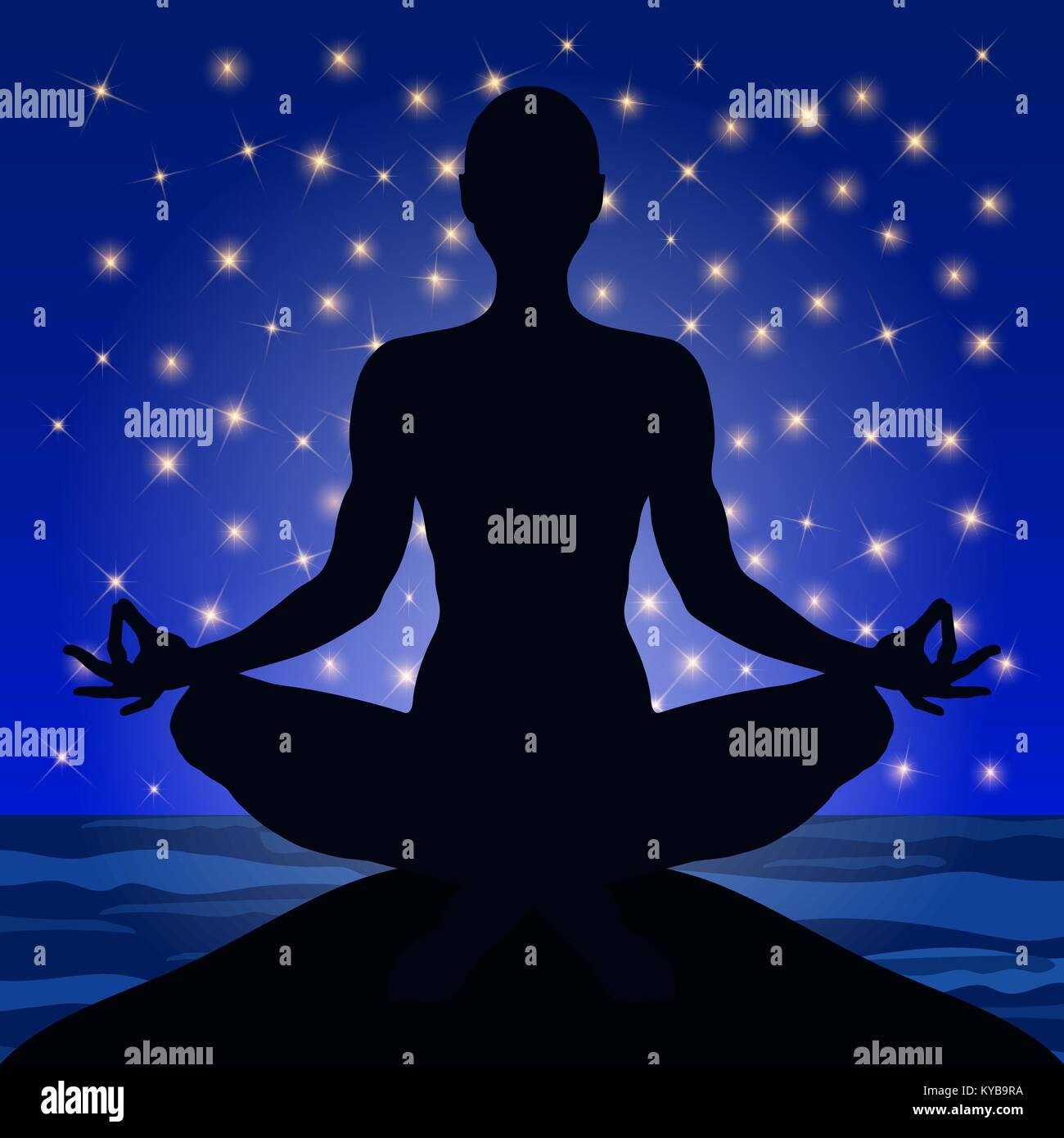 Yoga, figure of a man sitting in a lotus pose against the background of the night sky and stars, vector silhouette. Meditation relaxation human, outline portrait, contour drawing Stock Vector