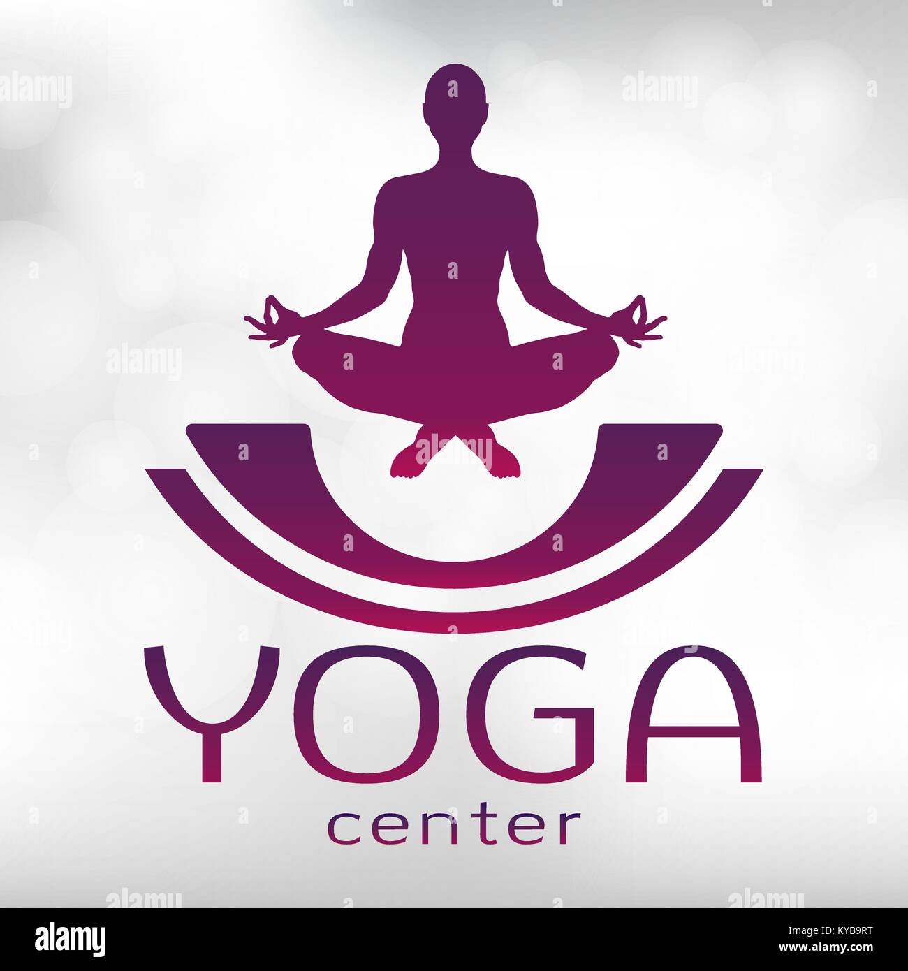 Yoga logo, vector icon, emblem for yoga center. Figure of a man sitting in a lotus pose, vector silhouette. Meditation relaxation human with a font on a textured light background with highlights Stock Vector