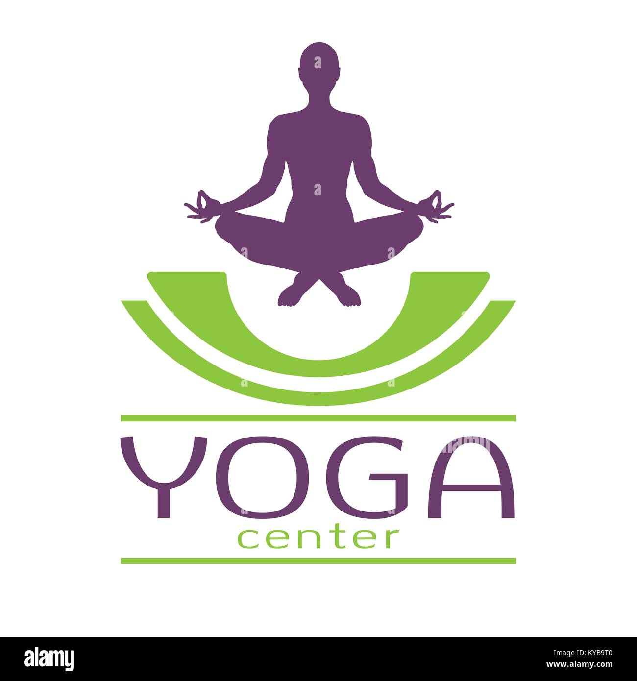 Yoga logo, vector colored icon, emblem for yoga center. Figure of a man sitting in a lotus pose, vector silhouette. Meditation relaxation human with a font isolated on white background Stock Vector