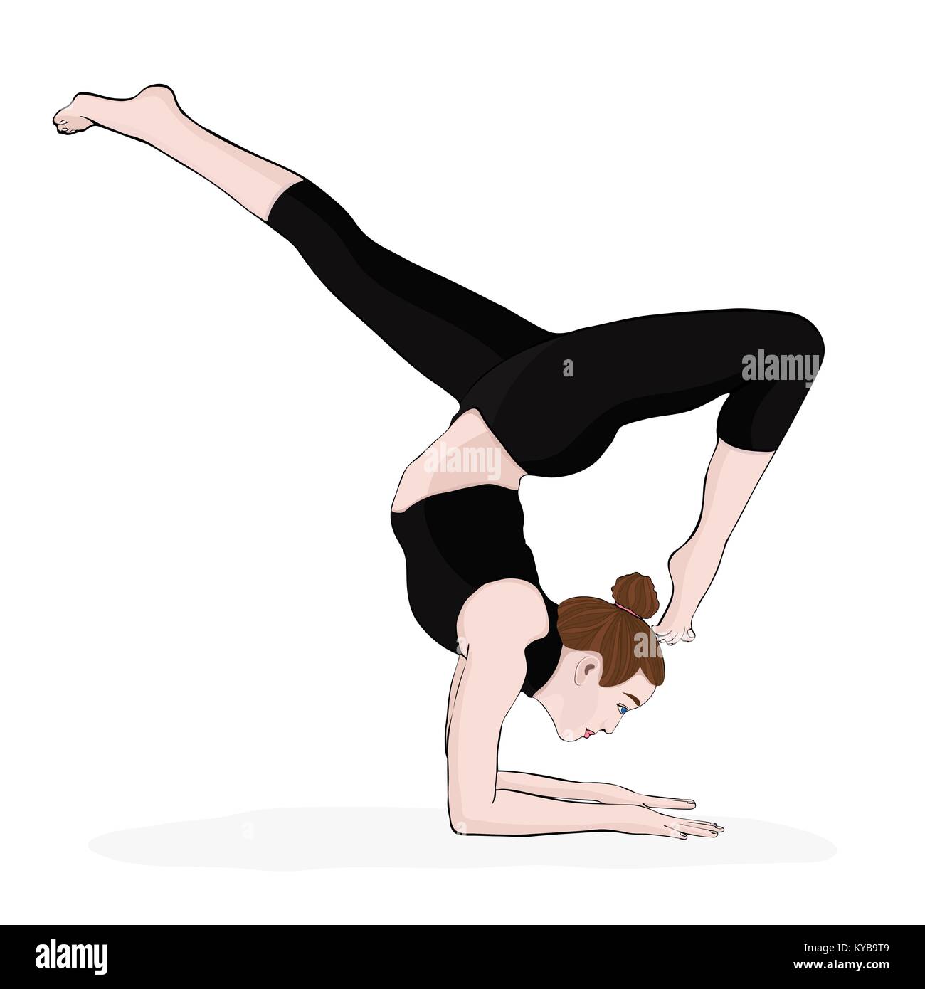Yoga pose, woman handstand, vector multicolored drawing portrait. Meditation, is engaged in gymnastics cartoon girl makes a stand on the hands. Isolated on white background Stock Vector