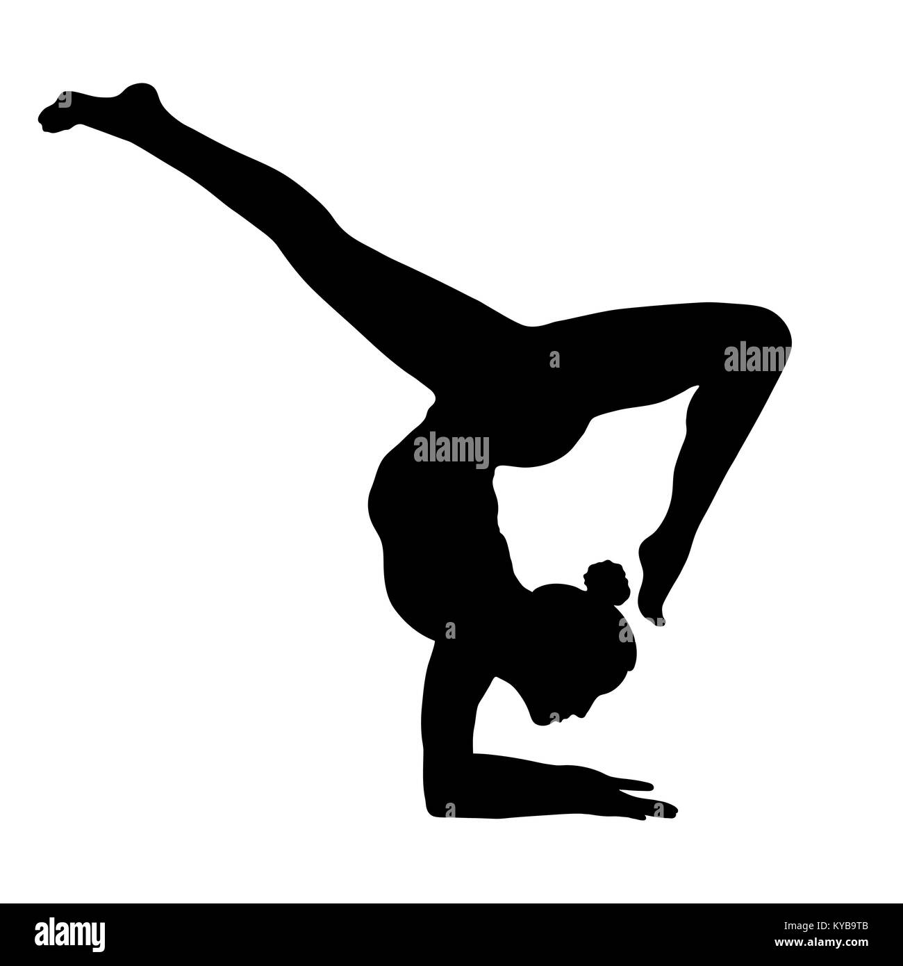 Yoga pose, woman handstand silhouette, vector outline portrait, gymnast figure, black and white contour drawing. Isolated on white background Stock Vector