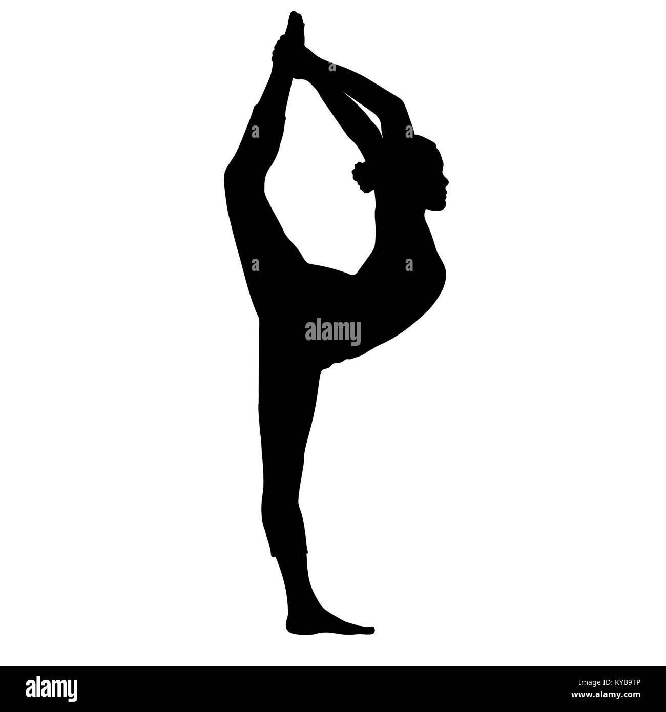 Yoga pose, woman doing stretching legs, leg split silhouette, vector outline portrait, gymnast figure, black and white contour outline drawing. Isolated on white background Stock Vector