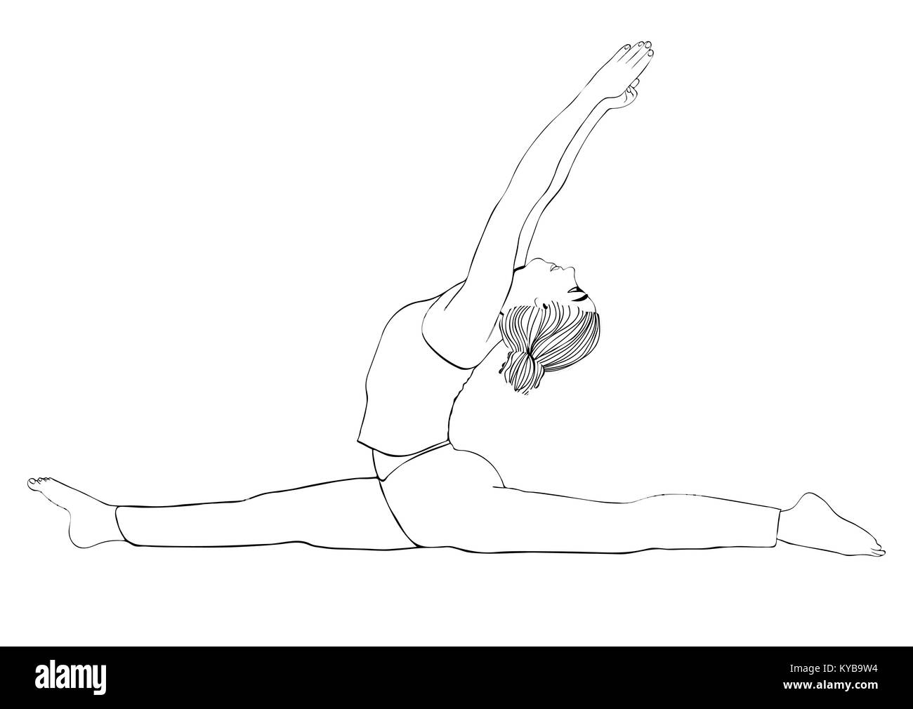 Yoga pose, woman to do the splits, vector coloring drawing portrait. Cartoon girl is engaged in gymnastics. Contour outline black and white illustration. Isolated on white background Stock Vector