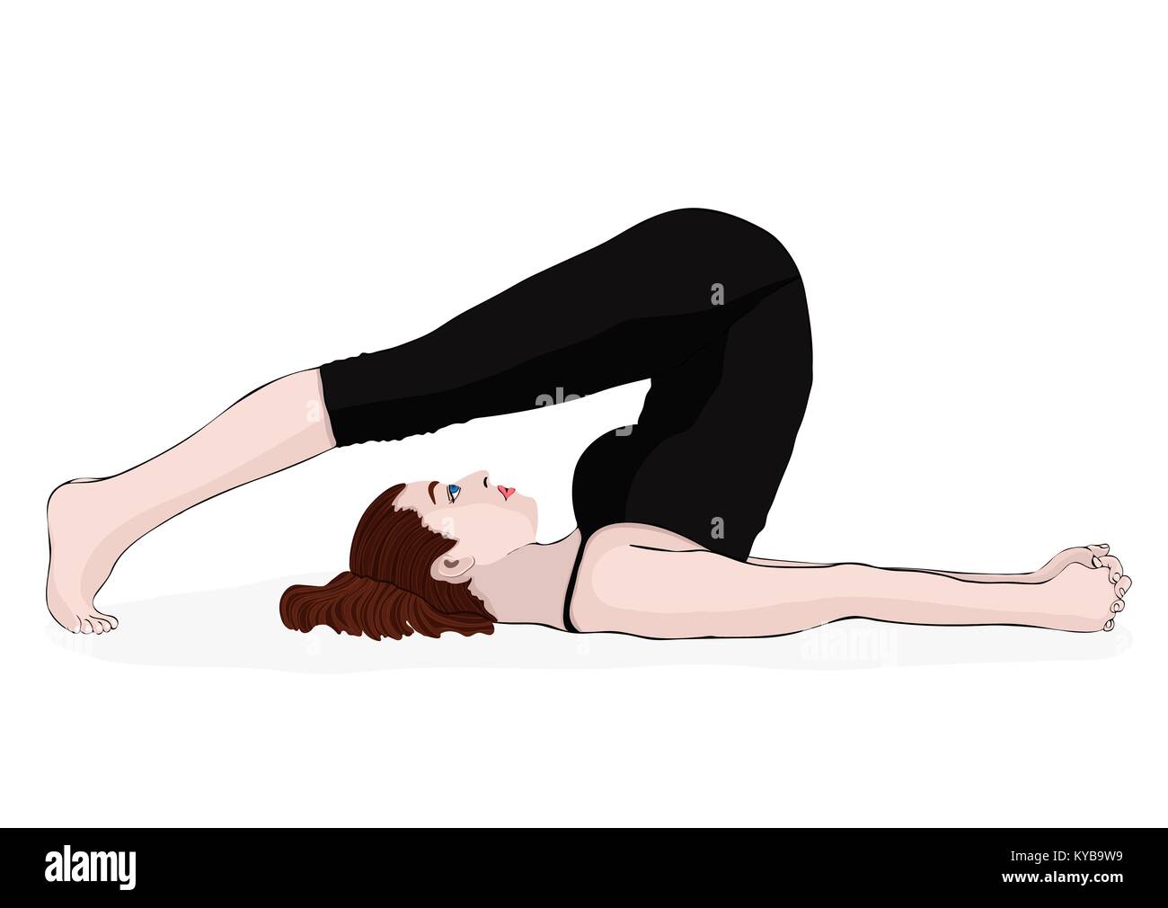 Yoga, woman in a pose halasana, vector multicolored drawing portrait. Cartoon girl is engaged in gymnastics. Isolated on white background Stock Vector