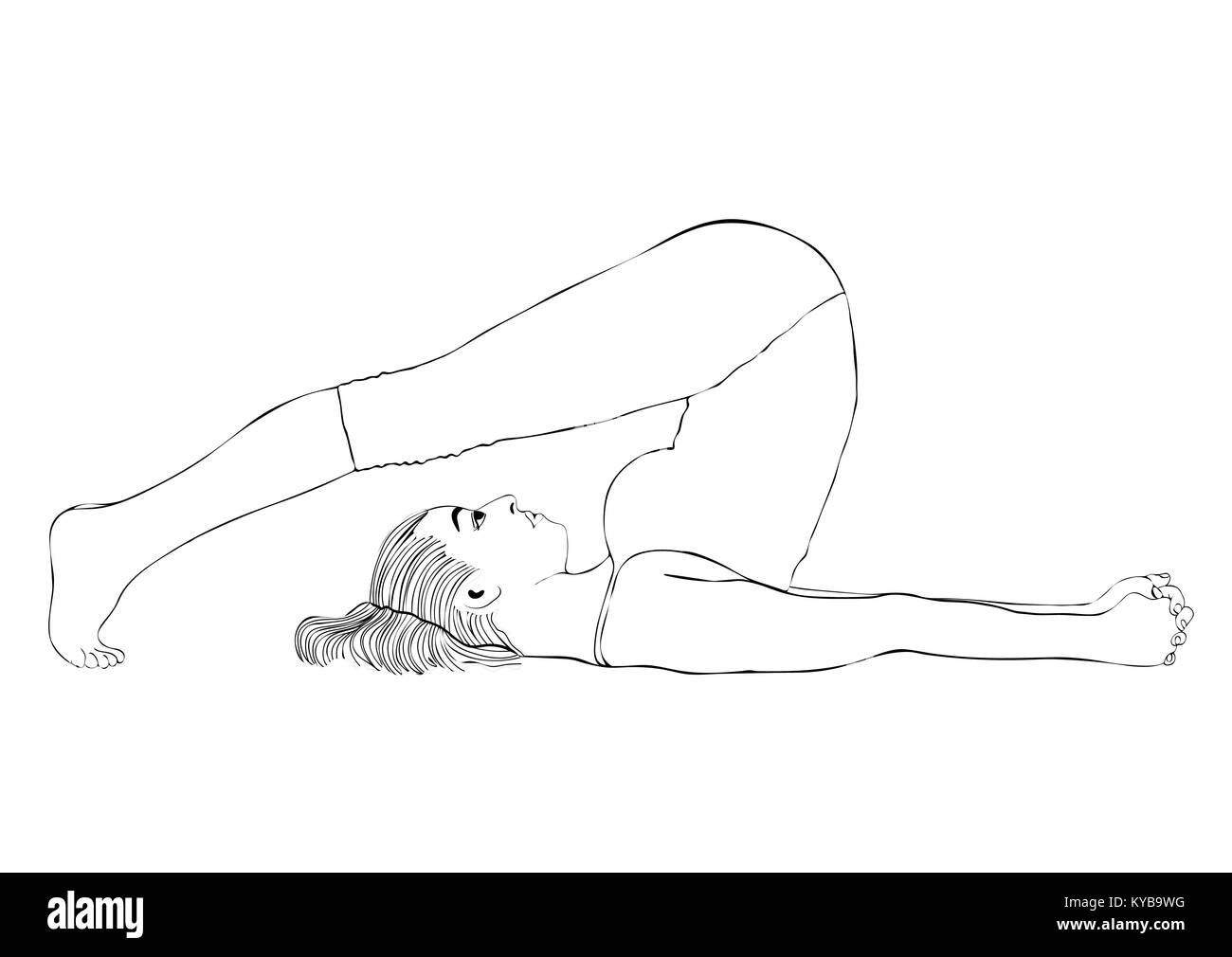 Yoga, woman in a pose halasana, vector coloring drawing portrait. Cartoon girl is engaged in gymnastics. Contour outline black and white illustration. Isolated on white background Stock Vector