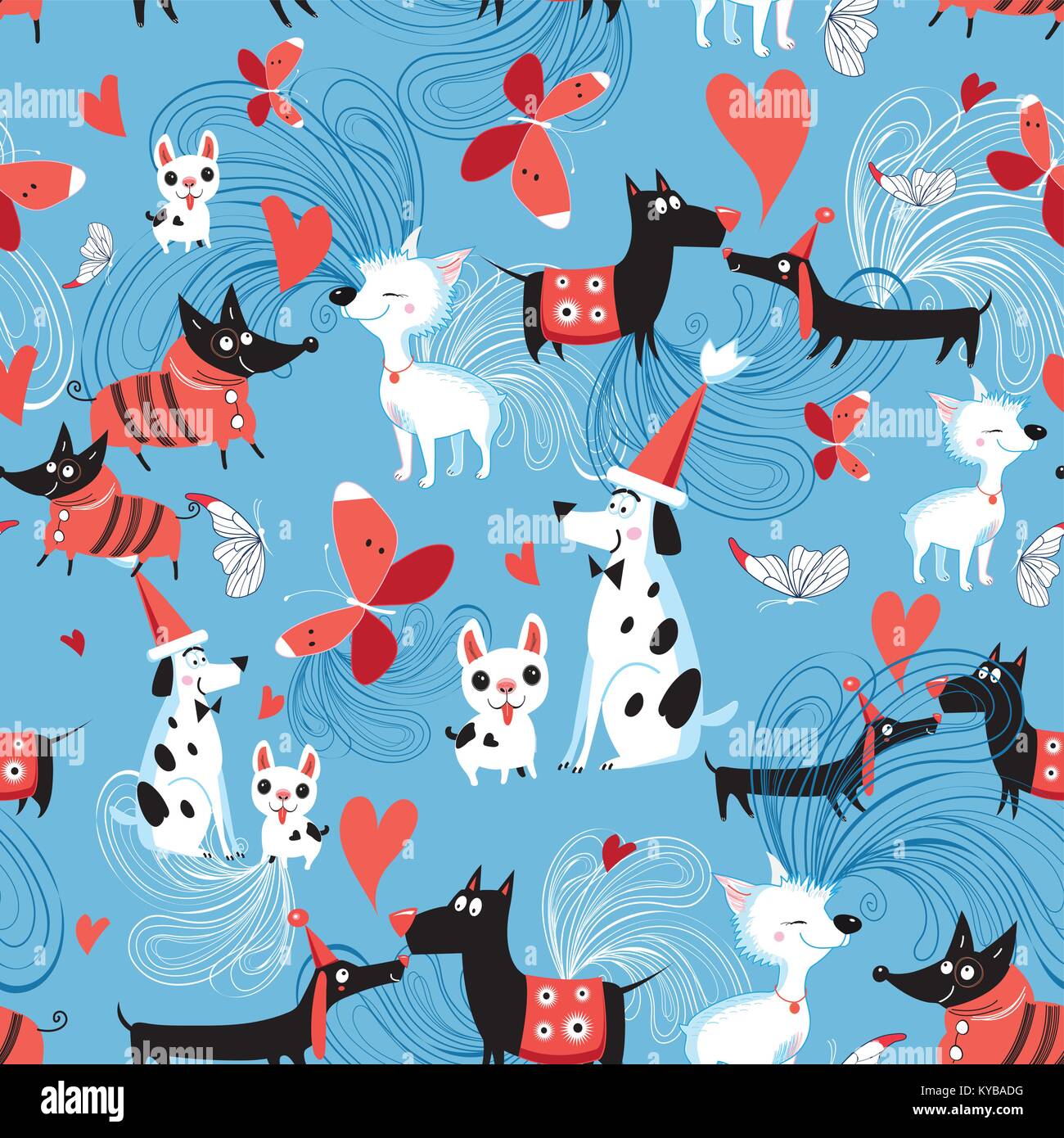 Seamless bright pattern of enamored dogs on a blue background with ...