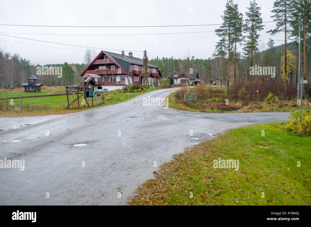 Evje Mineralsti- retired gemstone mine and local tourist attraction. Traditional Norwegian buildings on the road to this place. Stock Photo