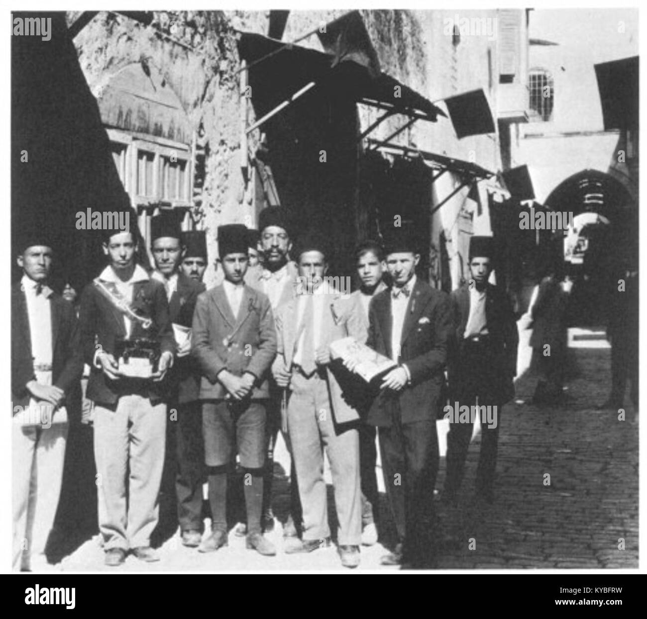 Mourning on Balfour Day 1929 in the Old City of Jerusalem, with a group of local Palestinians Stock Photo