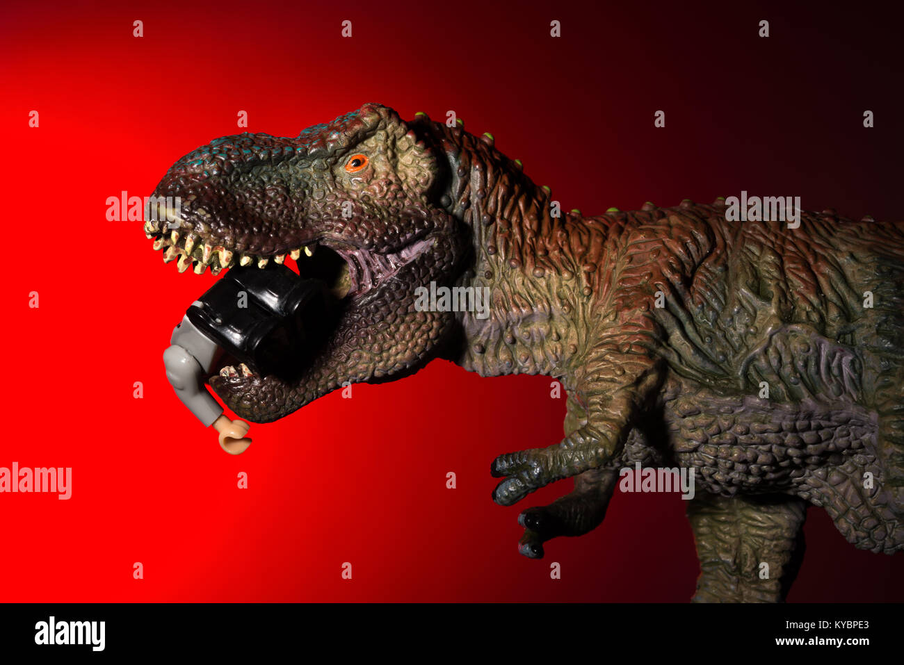 tyrannosaurus biting a small dinosaur with spot light on the head and red light on background Stock Photo