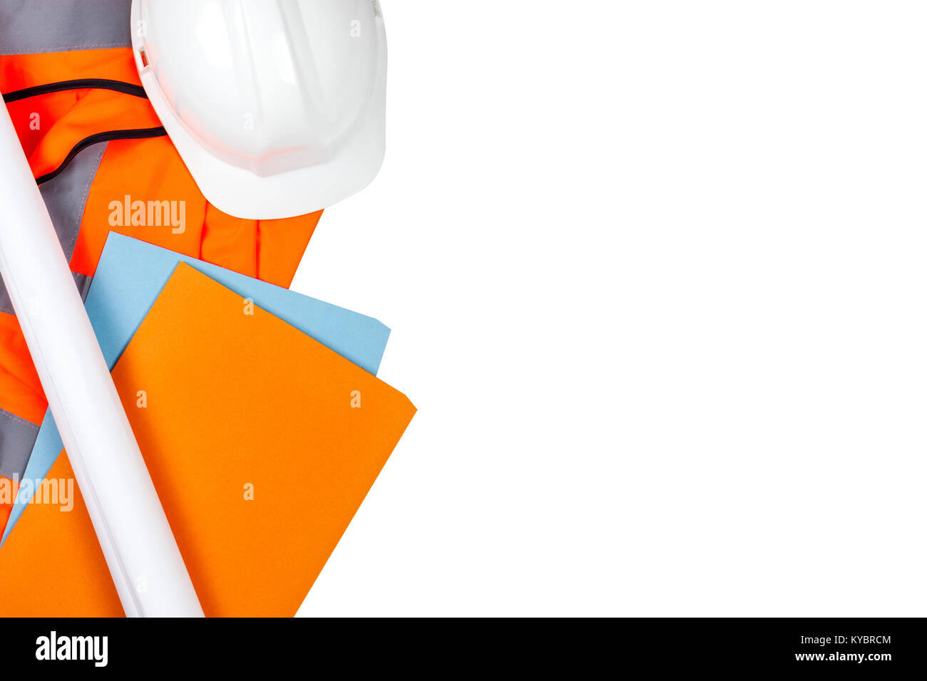 Hard white safety hat and site files laying on a orange hi vis vest on a white isolated background Stock Photo