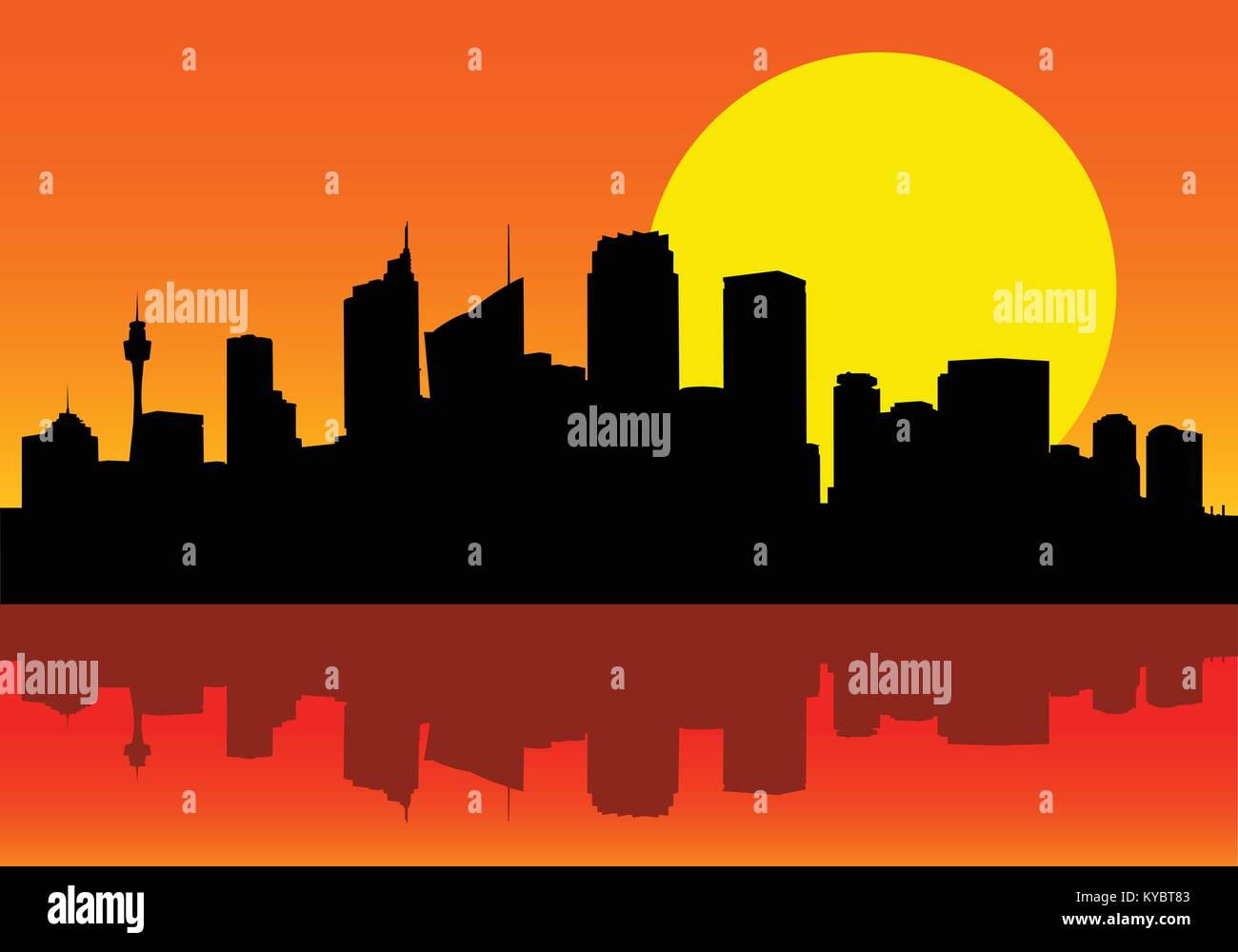 Vector image of Sydney city silhouette at dawn with huge sun behind the city and reflection in the harbour. Stock Vector