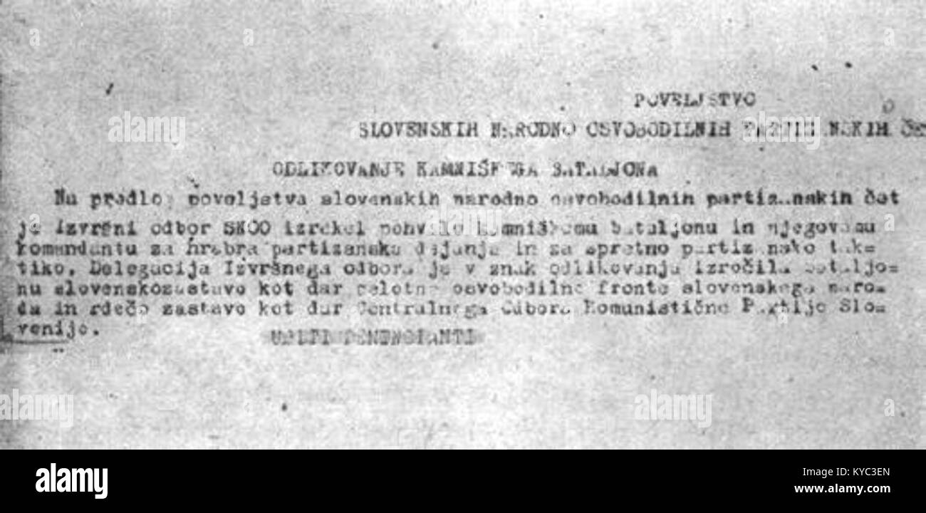Obvestilo Poveljstva slovenskih partizanskih čet o odlikovanju Kamniškega  bataljona Stock Photo - Alamy