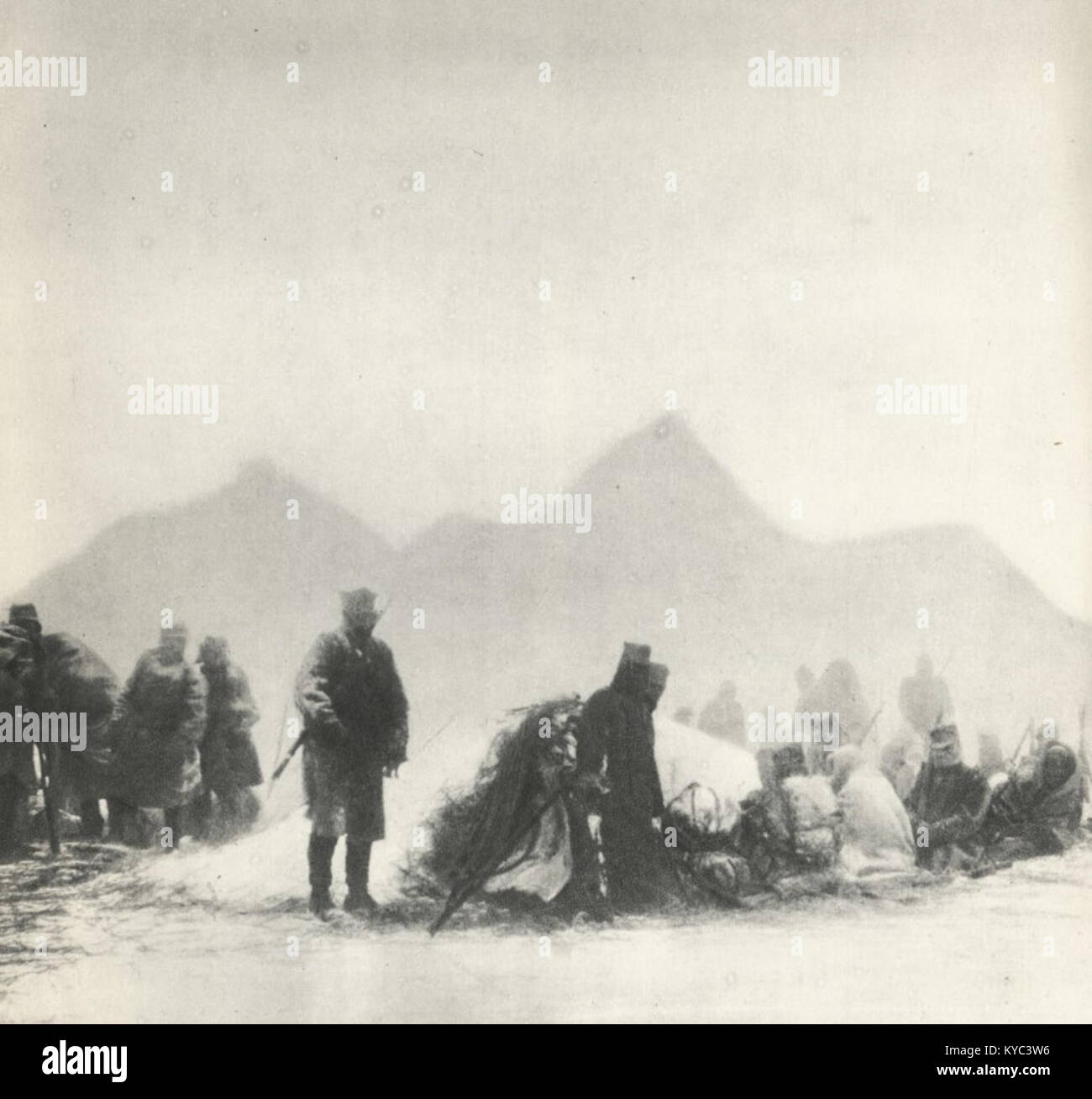 This image shows legionaries resting during a snowstorm, capturing the harsh conditions faced by soldiers during winter campaigns. It emphasizes the resilience and endurance required in difficult military circumstances. Stock Photo