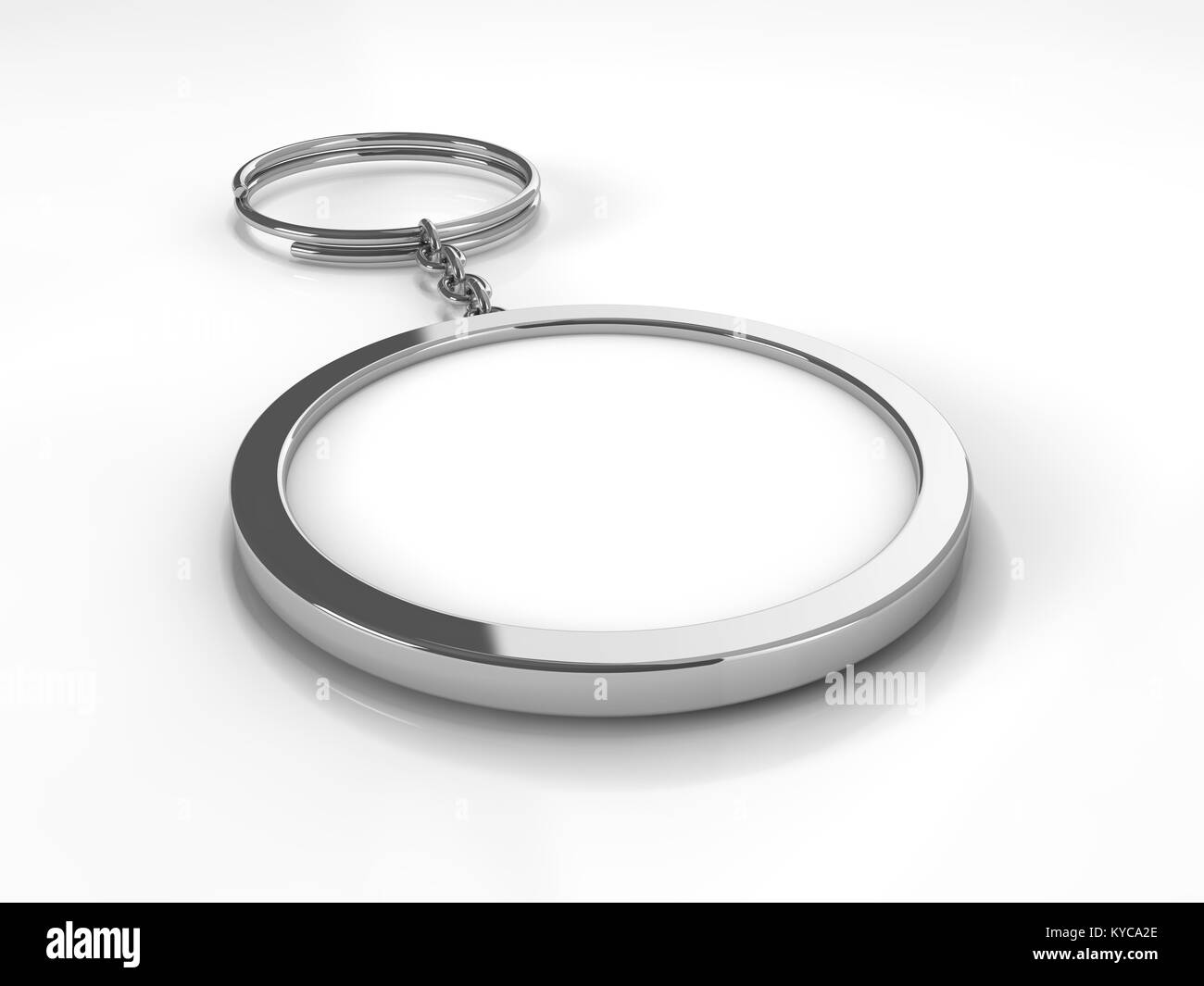 3D rendering illustration of a blank metal keychain with a ring for a key, Isolated on a changeable background. Ideal template for branding, identity  Stock Photo