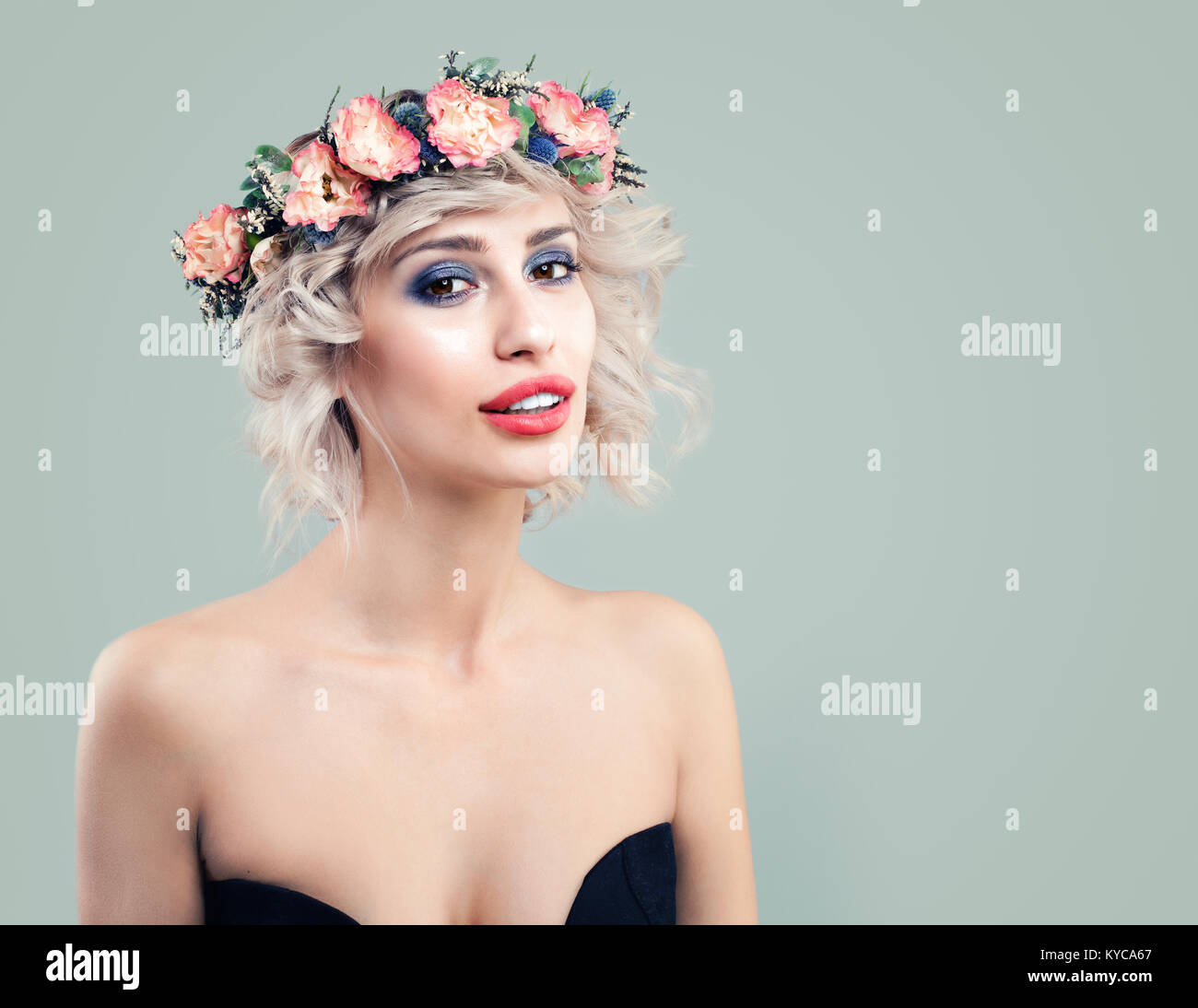 Spring Woman Fashion Model With Rose Flowers On Her Head Cute