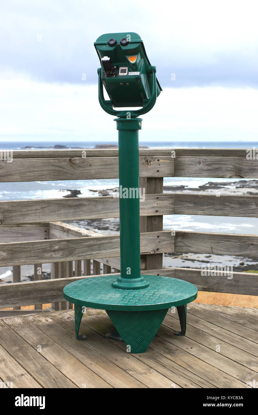 Coin-operated sightseeing binoculars at viewing platform near Seal Rock and the Nobbies Phillip Island Victoria Australia Stock Photo