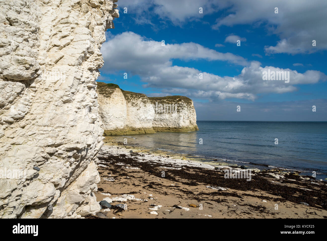 White chalk cliffs at Selwicks Bay on the east coast of England. Flamborough, North Yorkshire, England. Stock Photo