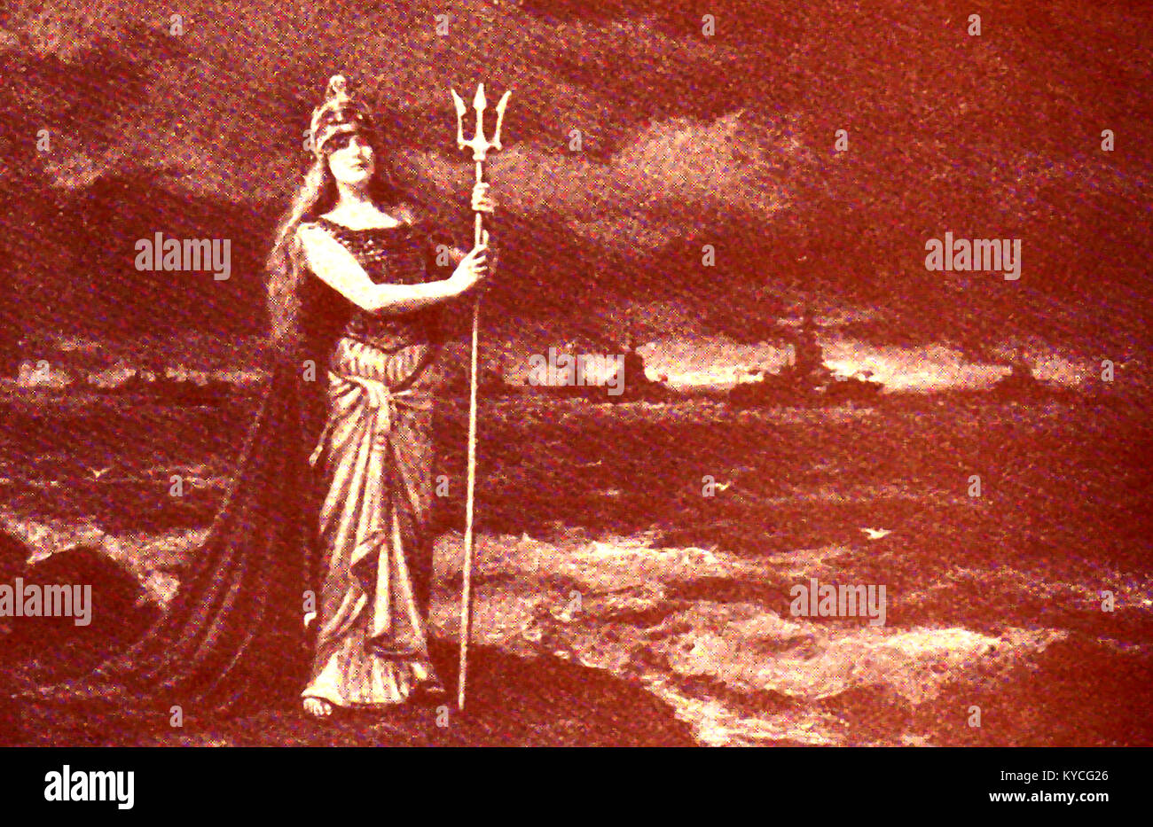 Britannia Rules the Waves - A World War One depiction of the mythical  patriotic figure Britannia, a cultural icon, with British war ships in the background Stock Photo