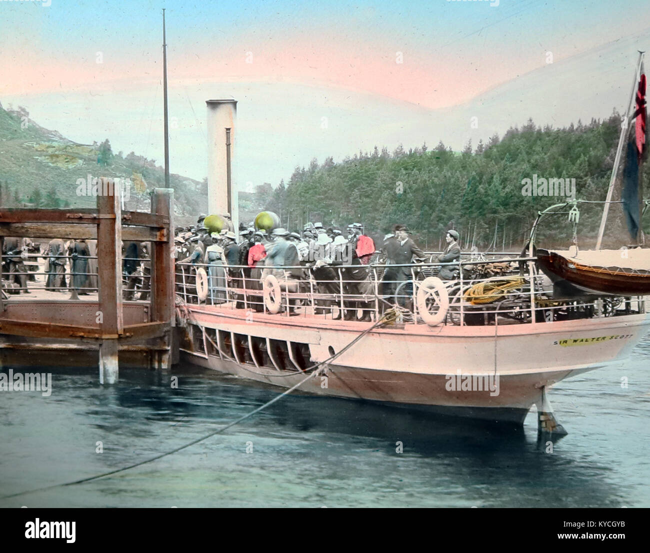 Steamer 'Sir Walter Scott' on at Stronachlachar Pier, Loch Katrine, Victorian period, hand coloured photo Stock Photo