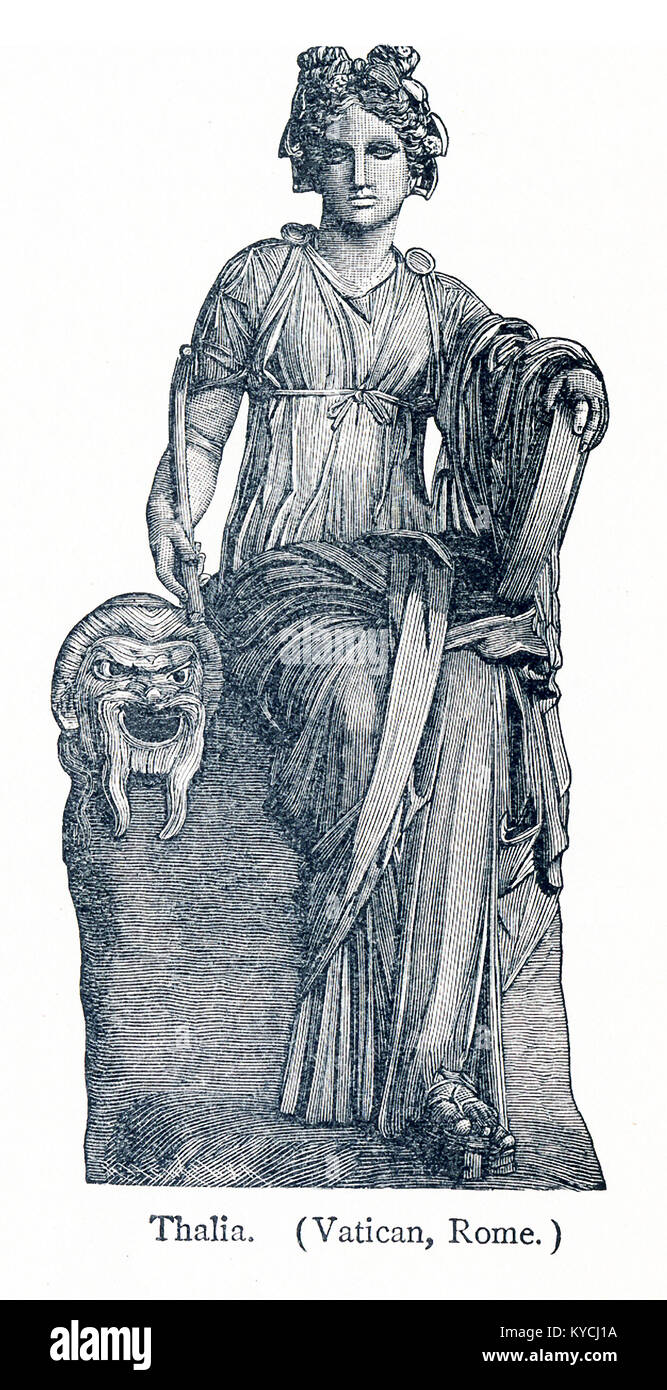 This illustration dates to 1898 and shows a statue of Thalia in the Vatican Museum. Erato was honored as the Muse of comedy. In Greek and Roman mythology, the Muses were nine daughters of Zeus and Mnemosyne (goddess of memory). There were honored as the patrons of arts and sciences. Calliope was the head muse, and Apollo, the god of prophecy and song, was their leader. Stock Photo