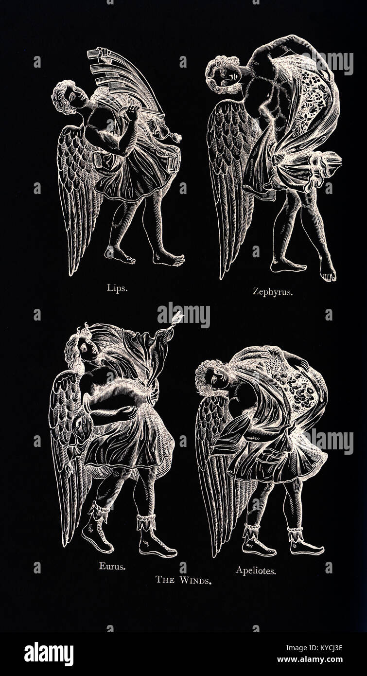 The figures pictured here, according to Greek mythology, are the Winds. They are, from left to right, top to bottom: Lips, Zephryus, Eurus, and Apeliotes. Lips, or Livos, was the god of the southwest wind. Usually he was shown holding a ship's sternpost because when the wind blew form the southwest into Athens' port harbor of Piraeus, ships could not sail. Zephyrus was the god of the west wind. Zephyrus was the gentlest of the winds and considered a harbinger of springtime. He was pictured with flowers that indicated a mild light breeze. Eurus, or Euros, was the god of the east wind. The folds Stock Photo