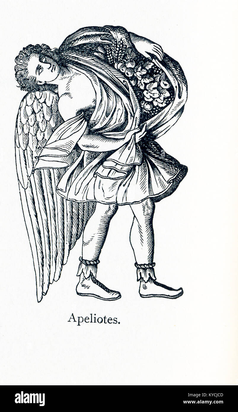 The figure pictured here, according to Greek mythology, is Apeliotes, god of the southeast wind, which was associated with good rain. Thus in art he was shown carrying fruit and draped in a cloth that concealed flowers or grain. Usually he was shown holding a ship's sternpost because when the wind blew form the southwest into Athens' port harbor of Piraeus, ships could not sail. Zephyrus was the god of the west wind. Zephyrus was the gentlest of the winds and considered a harbinger of springtime. He was pictured with flowers that indicated a mild light breeze. Eurus, or Euros, was the god of t Stock Photo