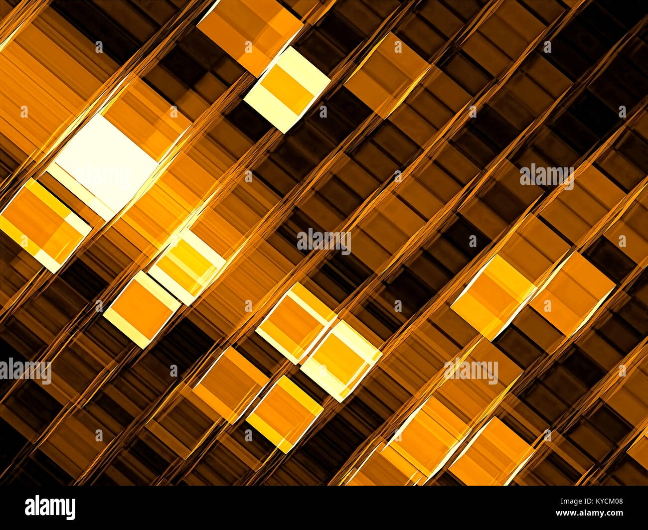 Golden tech style background - abstract computer-generated image. Fractal art - grid with glowing cells or chaos cubes. Information technology, scienc Stock Photo