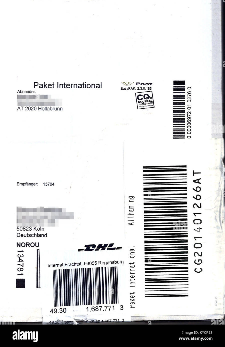 Paketaufkleber Österreiche Post - Paket International - nach Deutschland  2016 Stock Photo - Alamy