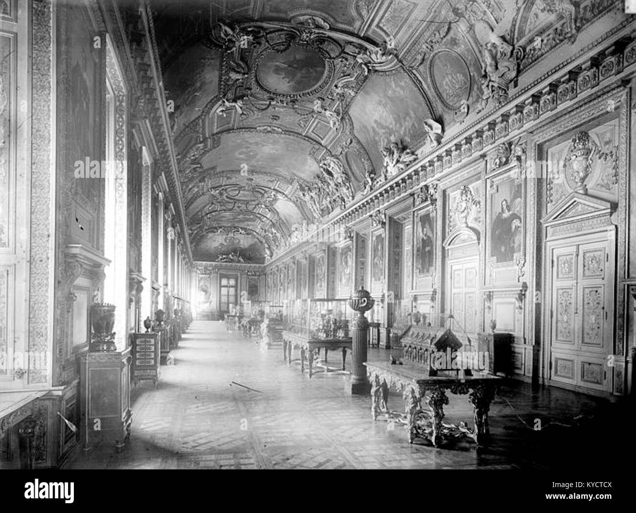 A panoramic view of the Galerie d'Apollon at the Louvre Palace in Paris, highlighting its architectural grandeur and cultural significance. Stock Photo