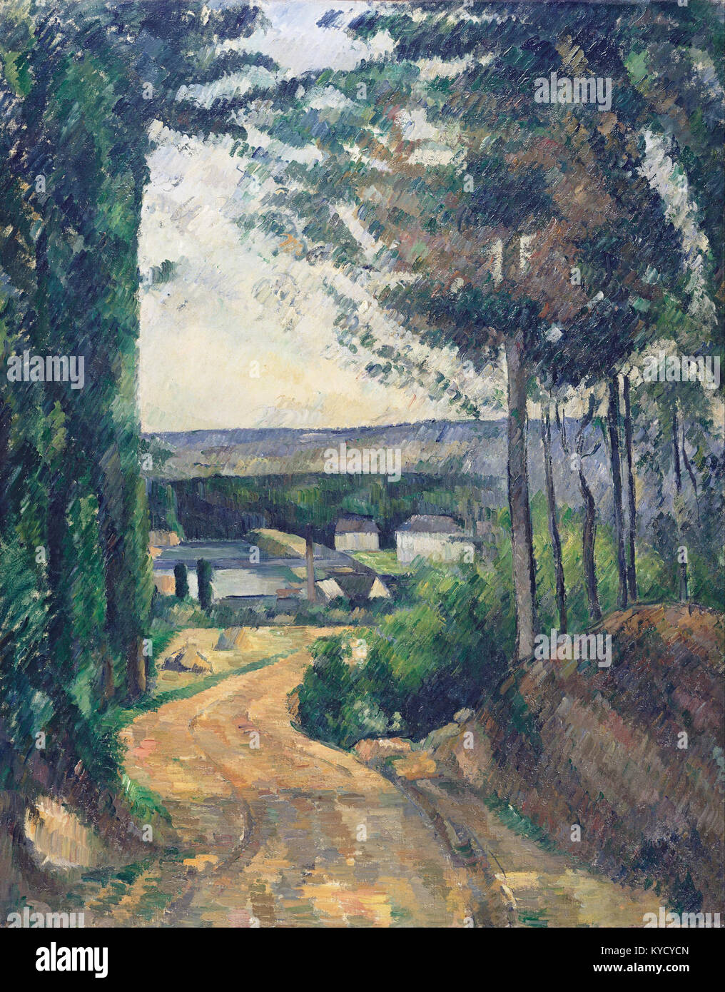 Paul Cézanne's painting 'Road Leading to the Lake' depicts a rural ...