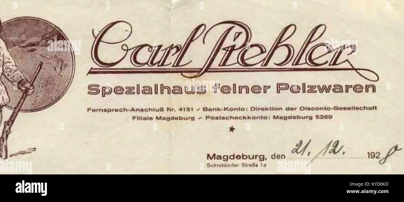 Pelzwaren Carl Piehler Magdeburg 1928 Letter Head Stock Photo